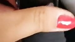 Girlfriend toying her pussy with big black vibrator.